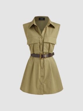CIDER 100% COTTON POLO SOLID SLEEVELESS KHAKI MINI DRESS WITH BELT SIZE M/6